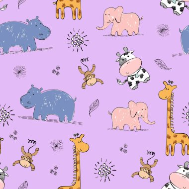 Sevimli çizgi film hayvanlarıyla kusursuz desen, çizim