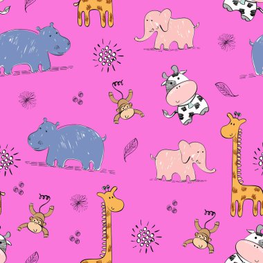 Komik hayvanlarla şirin, pürüzsüz desenlerin çizimi