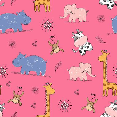 Şirin karikatür dinozorlarıyla kusursuz desen, çizim.