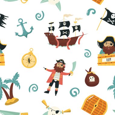 Korsan unsurları ve arka planda korsan unsurları olan kusursuz desen. 
