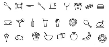 Yiyecek ve içecekler belirlenmiştir. ince çizgi biçimi tasarım vektörü