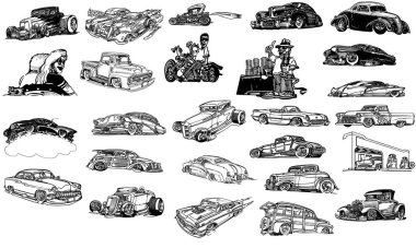Arabalar, arabalar, ulaşım, arabalar, araç, el çizimi çizimi çizim vektör illüstrasyonu