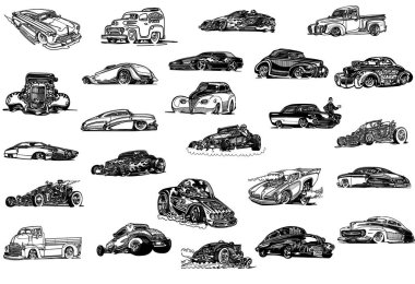 Siyah beyaz klasik araba koleksiyonu.