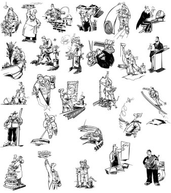 Çizgi film insanlarının bir çiziminin vektör çizimleri.