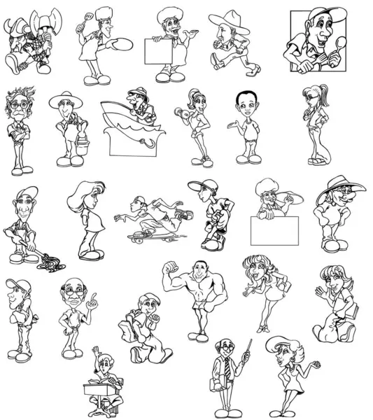 Çizgi film karakterleri farklı meslekler ve insanlar.