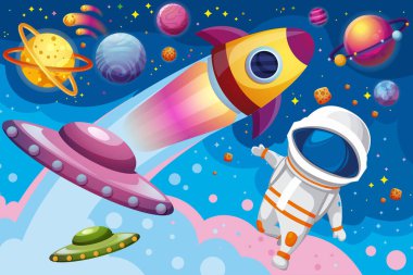 Uzayda roketle vektör astronot