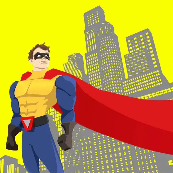 Şehrin arka planında kırmızı pelerinli süper kahraman. Çizgi roman. Vektör arkaplanı.