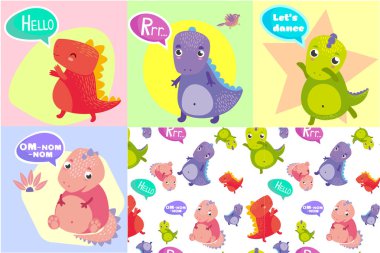 Şirin dinozor karakterlerinin vektör çizimleri, kusursuz desen