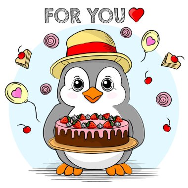 Cartoon vector children's character Penguin With a festive CAKE clipart