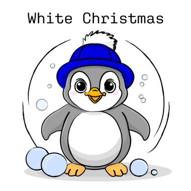 Cartoon vector character Penguin with snowballs clipart