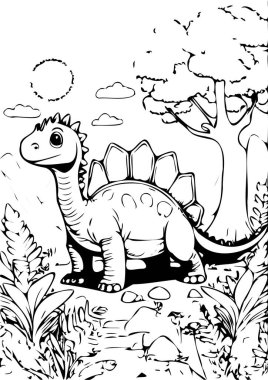 Tapılası Stegosaurus Renklendirme Sayfası - Orman Sahnesindeki Dinozor