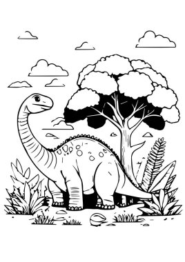 Tarih Öncesi Orman Sahnesinde Ağacın Altında Arkadaş Canlısı Brontozor