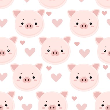 Şirin Kawaii Domuz Kusursuz Kalıpsız Kalpli Beyaz Arka plan