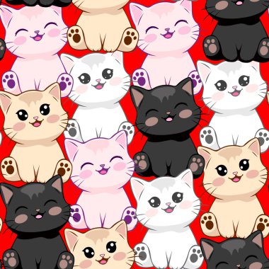 Sevimli Kawaii Kedisi Kusursuz Kalıpsız Kırmızı Arkaplanda Oyuncak Kediler