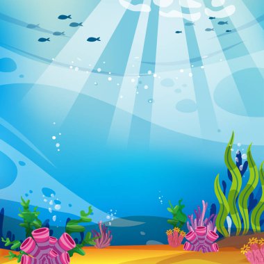 Güneşli bir okyanus tabanı, yemyeşil yosun, renkli mercan oluşumları ve uzakta yüzen küçük balıkların yer aldığı çarpıcı ve canlı bir sualtı sahnesi. Güneş ışınları derin mavi sulara nüfuz eder. Huzurlu ve dalgın bir deniz atmosferi yaratır.