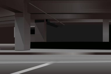 Yapısal sütunları, loş ışıklandırması ve endüstriyel unsurları olan modern bir yeraltı otoparkını tasvir eden parlak ve dengesiz bir vektör arka planı. Koyu renk paleti atmosferik ve sinematik bir his yaratır, otomotiv, oyun veya şehir için mükemmeldir.-