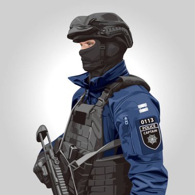 Taktik teçhizat ve miğfer takmış bir SWAT polisinin detaylı çizimi. Ordu, yasa uygulama, oyun ve güvenlik temalı tasarımlar için ideal.