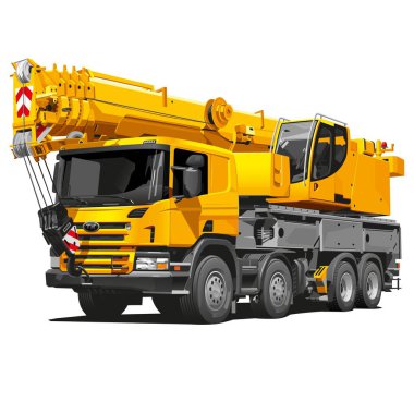 Parlak sarı renkli gezici bir vinç çizimi. İnşaat, ağır ekipman, lojistik ve sanayi temalı projeler için ideal.