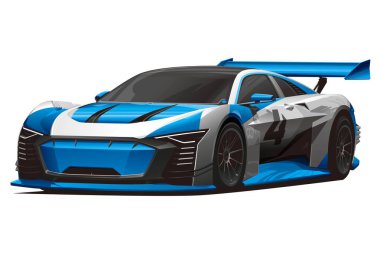 Aerodinamik tasarımı, büyük spoiler 'ı ve mavi-beyaz üniforması olan GT tarzı bir yarış arabasının yüksek etkili vektör çizimi. Motorsporu markalaştırma, posterler ve otomotiv içeriği için mükemmel.