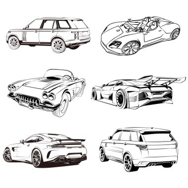 İçinde SUV, klasik roadster 'lar ve gelecekteki spor arabaların da bulunduğu altı araba çiziminin stilize edilmiş siyah-beyaz çizimleri. Tasarım varlıkları, otomotiv projeleri ve boyama kitapları için mükemmel..