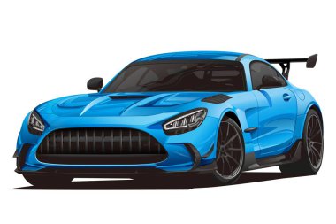 Agresif stili, geniş ön ızgarası ve arka kanadı olan yüksek performanslı mavi bir GT spor arabanın ayrıntılı vektör çizimi. Yarış temaları, araba kültürü ve otomotiv markaları için mükemmel..