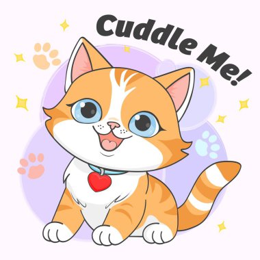 Sevimli chibi kedisi turuncu kürklü büyük mavi gözlü ve kırmızı yakalı. Pençe izleriyle kaplı. Işıltılı ve sarıl bana.