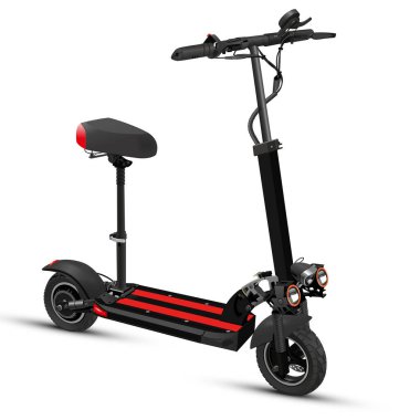 Koltuk çift ön farlı elektrikli scooter. Arka motoru ve bahar süspansiyonu. Siyah ve kırmızı şehir tasarımı. Ürün sunumları ve taşınabilirlik ve web afişleri için beyaz ideale göre izole edilmiş.