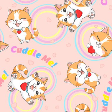 Şirin chibi kedileri olan kusursuz desenli kırmızı kalpler gökkuşağı halkaları ve pastel pembe arka planda bana sarıl Çocuklar için mükemmel kumaş dijital kağıt ambalajlı kağıt bebek odası dekoru ve kawaii tasarımı