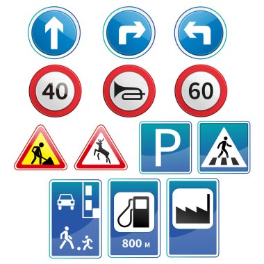 Trafik işaretleri, hız limitleri, park yerleri, yaya geçitleri, yakıt istasyonu ve uyarı levhaları dahil renkli vektör kümeleri. Eğitim materyalleri, haritalar, uygulamalar, oyunlar ve sürücü rehberleri için ideal