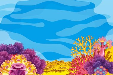 Çeşitli deniz bitkileri, süngerler ve okyanus dokularıyla dolu parlak sualtı mercan resifleri. Deniz temalı tasarımlar, çocuk projeleri veya eğitim materyalleri için ideal.