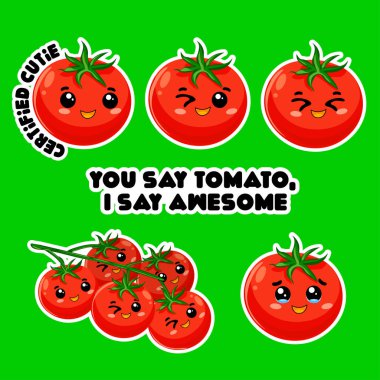 Senin domates dediğin gibi komik suratlı ve cümleli şirin domates sticker 'ları var, harika diyorum. Planlamacılar, çocuklar, yemek temalı tasarımlar veya basılabilir tablolar için mükemmel.