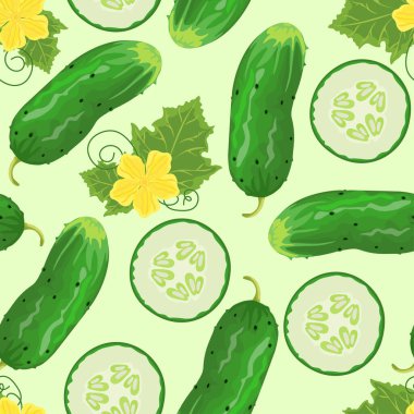 Tam sebzeli, dilimli, yapraklı ve sarı çiçekli kusursuz salatalık deseni. Mutfak tekstili, ambalaj, hatıra defteri ve dijital projeler için mükemmel..