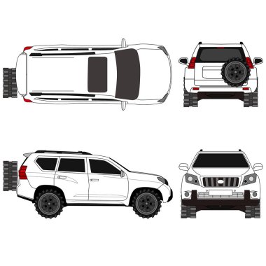 Detailed white SUV car vector illustration in different views: top, side, front, and rear. Off-road vehicle design with tracks and rugged wheels. Perfect for automotive projects, car manuals, infographics, mockups, and transportation design.