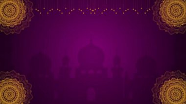  Ramazan Mübarek arkaplan ile cami silueti ve mor renk temalı altın mandala, İslami festival video şablonu
