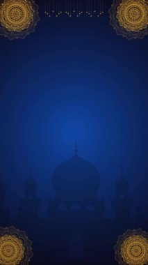 Ramazan Mübarek arkaplan ile cami silueti ve mavi renkli altın mandala, İslami festival video şablonu