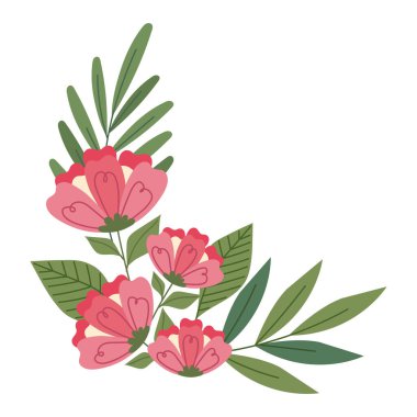 Pembe Çiçek Buketi ve Yaprak Dekoratif Vektör Çizimi