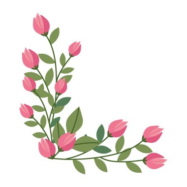 Pembe Çiçek Buketi ve Yaprak Dekoratif Vektör Çizimi