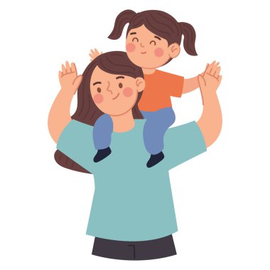 Mutlu Anne ve Kızın Eğlenceli Bir Anı Paylaştığı Çizgi Film Çizimi