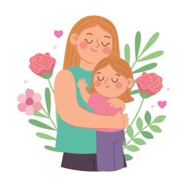 Anne ve Kızın Güzel Çizgi Film Sanatı Çiçek Kavramına Kucaklama