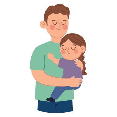 Küçük kızını sevgiyle kucaklayan bir babanın renkli bir tasviri.