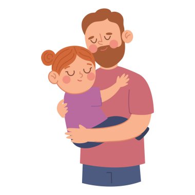 Küçük kızını sevgiyle kucaklayan bir babanın renkli bir tasviri.