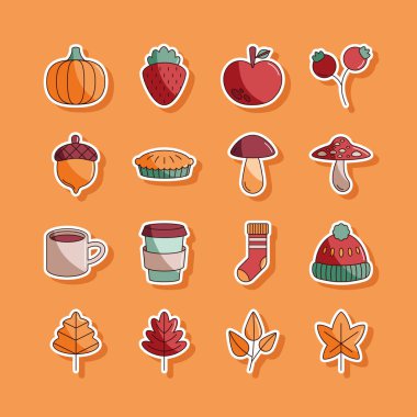 Sonbahar Set Simgeleri Resimlendirme Düz Tasarımı