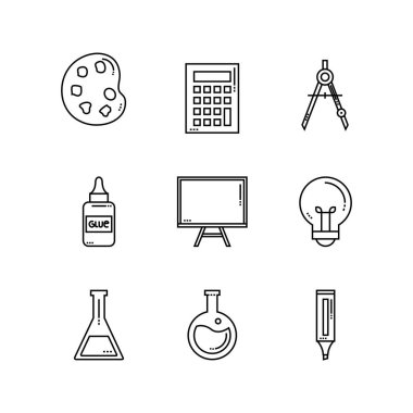 Kitap, Bilim ve Sanat Malzemelerini içeren Okul Elementlerinin Satır Simgeleri