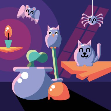 Cadılar Bayramı karikatür sahnesi. Karanlık odada ışık saçan mum.