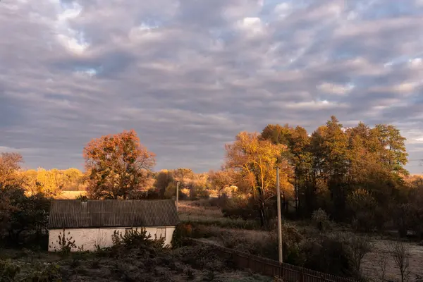 Renkli bulutlar şafak vakti gökyüzünde sürünüyor. Ön planda bir kulübe, bir çit ve bir sütunlu sıra dışı bir konaklama yeri var. Bozkırı sonbahar renklerinde ormanlarla daha da genişletir.
