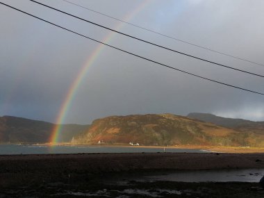 A rainbow is seen in the sky above a beach. The sky is cloudy and the beach is rocky. Isle of Skye clipart