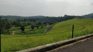 Çitleri ve yolu olan yeşil bir yamaç. Yamaç yemyeşil ve yemyeşil, çit de siyah. Banasura Sagar Barajı, Kerala, Hindistan