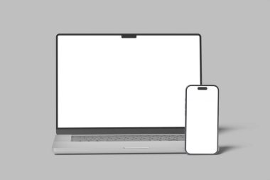 Masada boş ekran olan dizüstü bilgisayar ve akıllı telefon modeli, konsept modeli