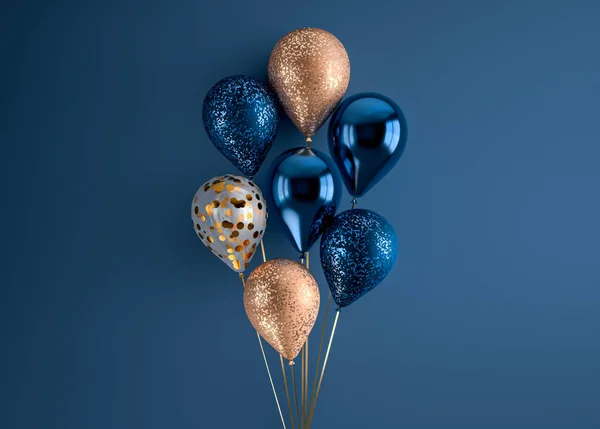一组3D在彩带上渲染孤立的气球 结婚纪念日 促销横幅的实际装饰背景 深蓝色和金色闪光的颜色组合 — 图库照片
