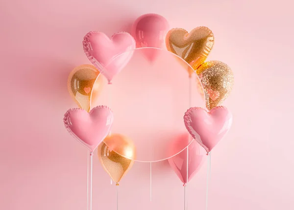 Conjunto Renderizar Balões Cardíacos Fitas Fundo Decoração Realista Para Aniversário — Fotografia de Stock